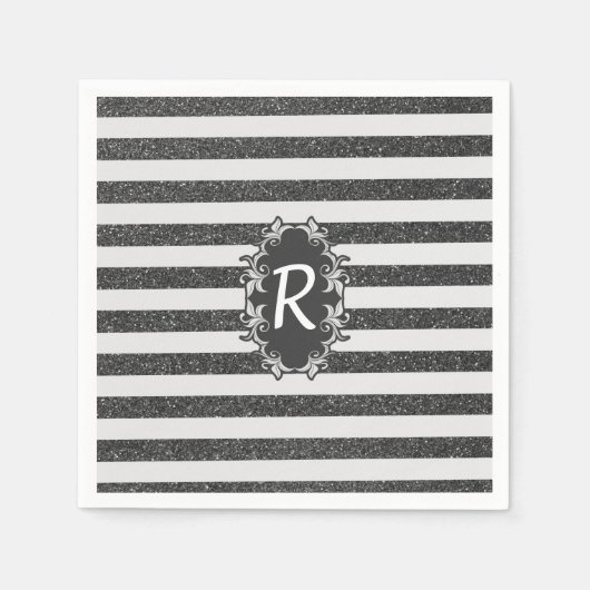 Serviette En Papier Chic noir blanc fausse parties scintillant bandes  (Devant)