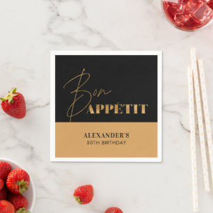 Serviette En Papier Chic Noir et Or Bon Appétit Écriture Anniversaire