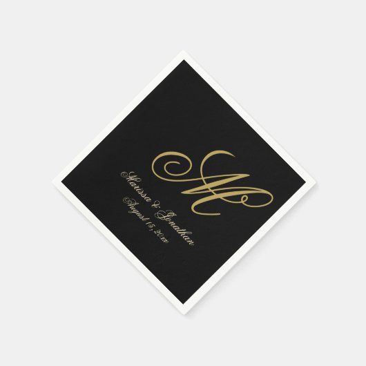 Serviette En Papier Chic or Monogramme Mariage noir (Coin)