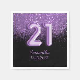 Serviette En Papier Chic Pailleté Noir et Violet Étincelle 21 Annivers