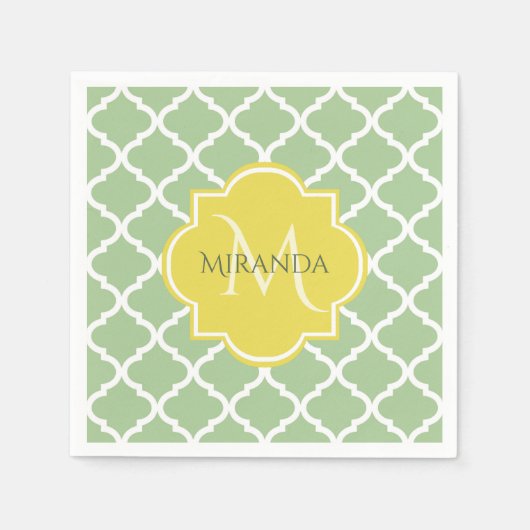 Serviette En Papier Chic Pastel Green Quatrefoil Jaune Nom Monogramme (Devant)