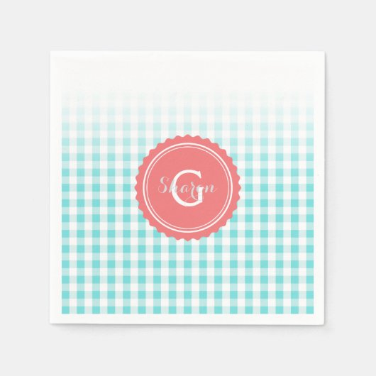 Serviette En Papier chic preppy turquoise en vichy motif monogramme (Devant)