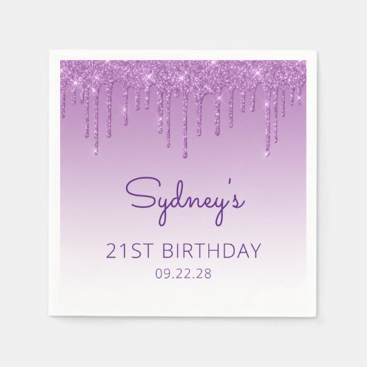 Serviette En Papier Chic Purple Parties scintillant Drip 21e fête d'an (Devant)