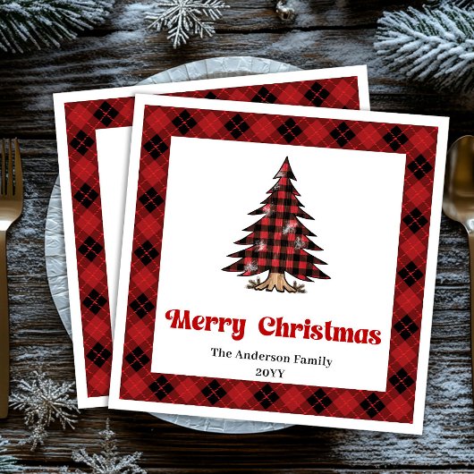 Serviette En Papier Chic Red Black Plaid Christmas Napkin Personalized