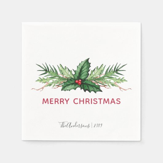 Serviette En Papier Chic Red Holly Painted Bouquet Noël (Devant)