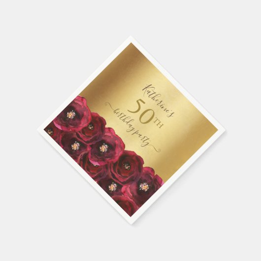 Serviette En Papier Chic Red Rose Floral Gold 50th Birthday Party (Coin)