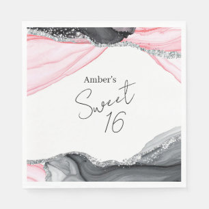 Serviette En Papier Chic rose et noir marbre doux 16 fête d'anniversai