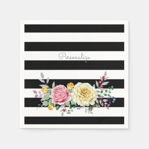 Serviette En Papier Chic Rose Floral tendance rayures noires et nom
