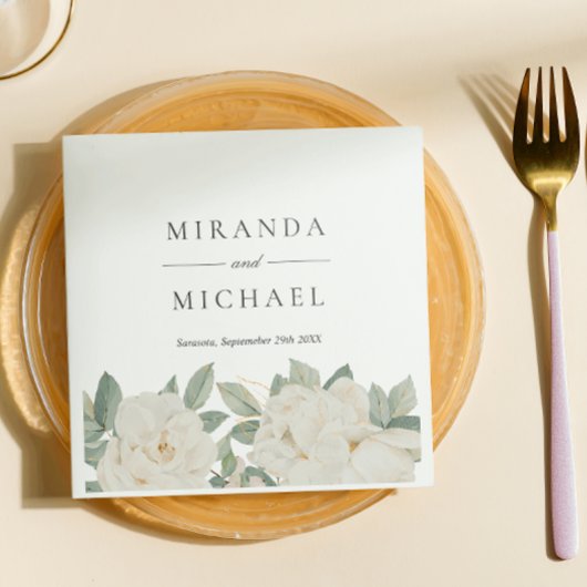 Serviette En Papier CHIC ROSES BLANCHES FLEURS Monogramme botanique