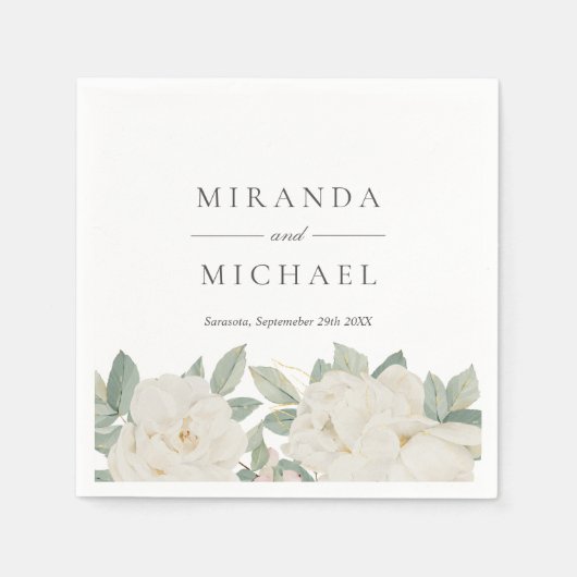 Serviette En Papier CHIC ROSES BLANCHES FLEURS Monogramme botanique (Devant)