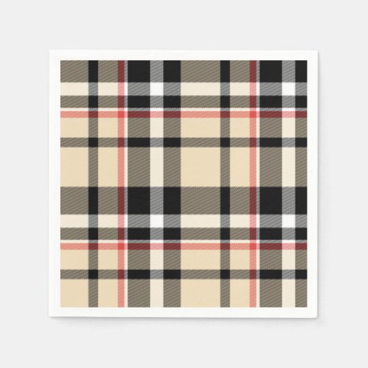 Serviette En Papier Chic Rouge Beige Noir Blanc Plaid Stripes Motif (Devant)