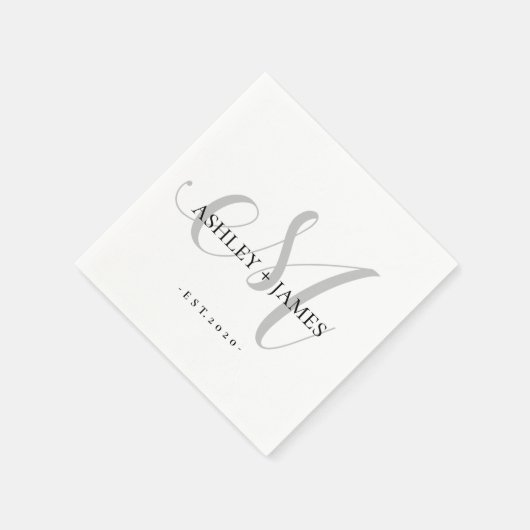 Serviette En Papier Chic Silver M Monogramme Nom du script Mariage Dat (Coin)