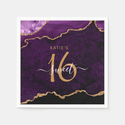 Serviette En Papier Chic Sweet 16 Purple Gold Agate Personnalisé Nom P (Devant)