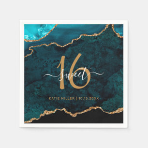 Serviette En Papier Chic Sweet 16 Turquoise Gold Agate Nom personnalis