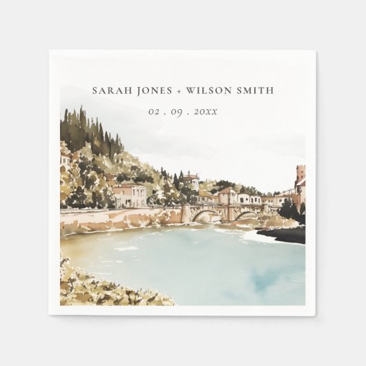 Serviette En Papier Chic Vérone Adige River Italie Mariage d'aquarelle (Devant)