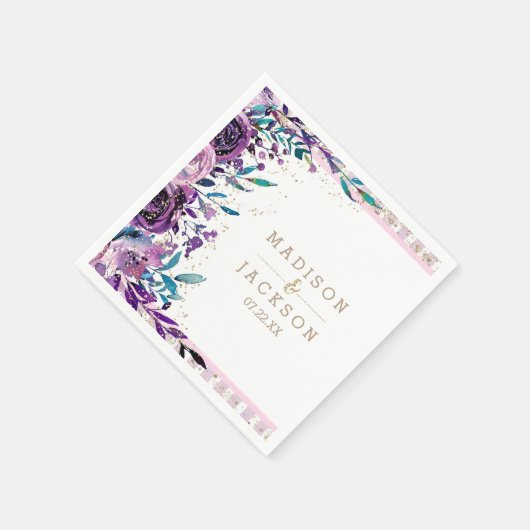 Serviette En Papier Chic violet champagne Floral Mariage Monogramme or (Coin)