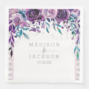 Serviette En Papier Chic violet floral et Mariage argenté
