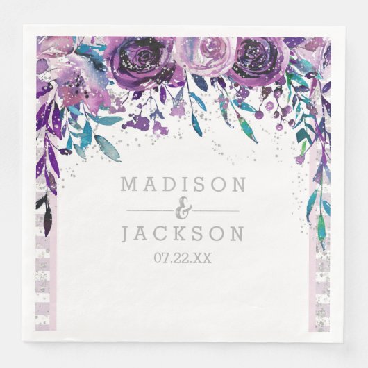 Serviette En Papier Chic violet floral et Mariage argenté (Devant)