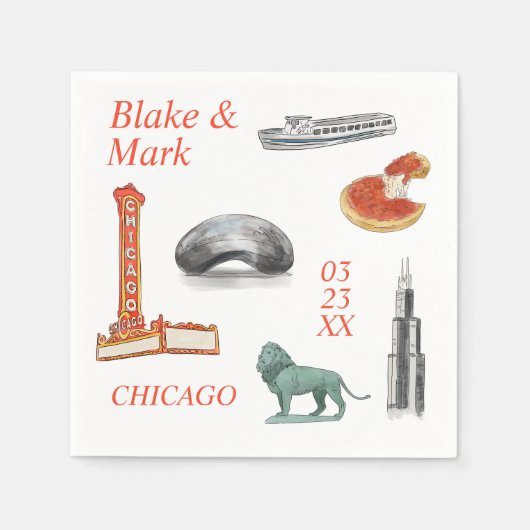 Serviette En Papier Chicago aquarelle Icons Mariage Cocktail Napkins (Devant)