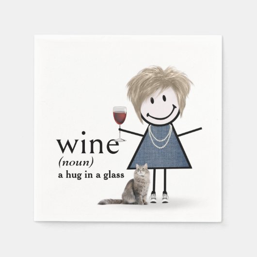 Serviette En Papier Chien À Bâtons Fille Avec Vin Et Chat (Devant)