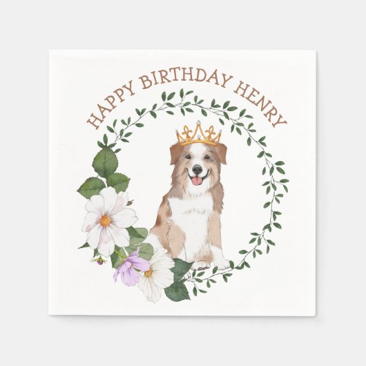 Serviette En Papier Chien Avec Couronne Florale Anniversaire (Devant)