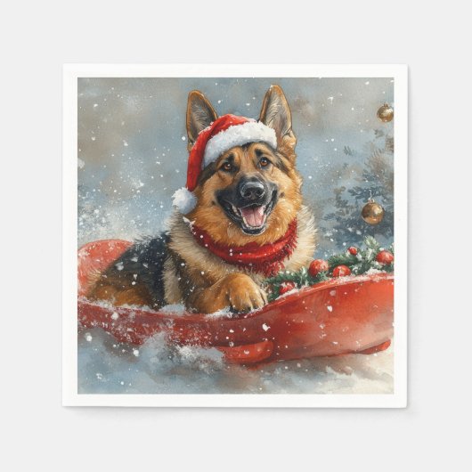 Serviette En Papier Chien berger allemand en neige dorée Noël (Devant)