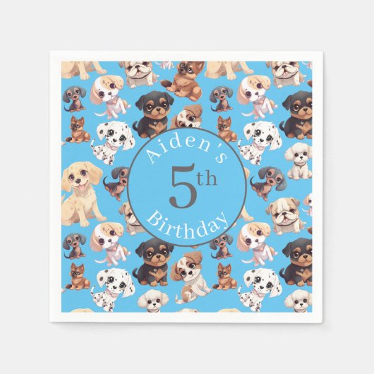 Serviette En Papier Chien chiot mignon Anniversaire bleu (Devant)