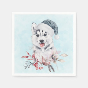 Serviette En Papier Chien de Noël Husky dans un chapeau de Père Noël