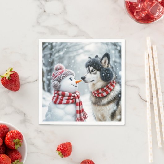 Serviette En Papier Chien Husky Avec Snowman (En situation)