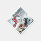 Serviette En Papier Chien Husky Avec Snowman (Coin)
