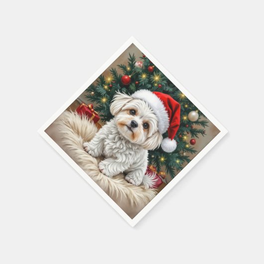 Serviette En Papier Chien maltais de Noël sur un Coussin à fourrure (Coin)