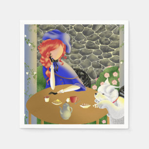 Serviette En Papier Chien mignon et dame au café au coucher du soleil
