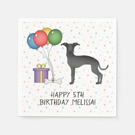 Serviette En Papier Chien noir italien Greyhound mignon - Joyeux anniv (Devant)