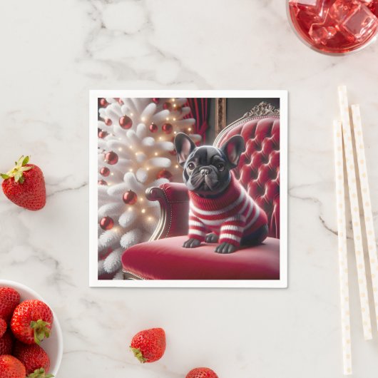 Serviette En Papier Chien-taureau français de Noël sur la chaise rouge (En situation)