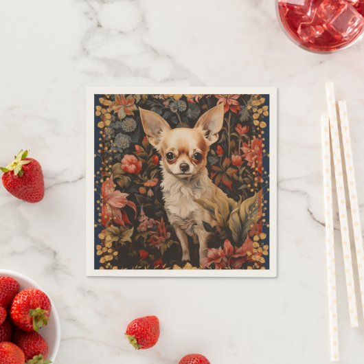 Serviette En Papier Chihuahua avec des fleurs en style William Morris (En situation)