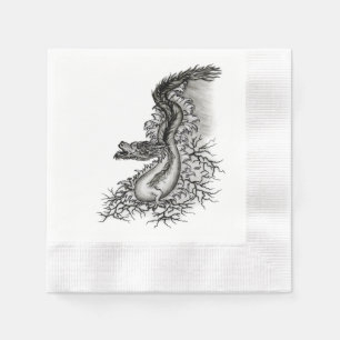 Serviette En Papier Chine Dragon, noir et blanc Design en Tattoostyl