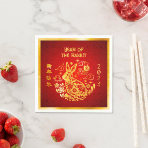 Serviette En Papier Chine New Year Rabbit 2023 Gold Foil Rouge moderne