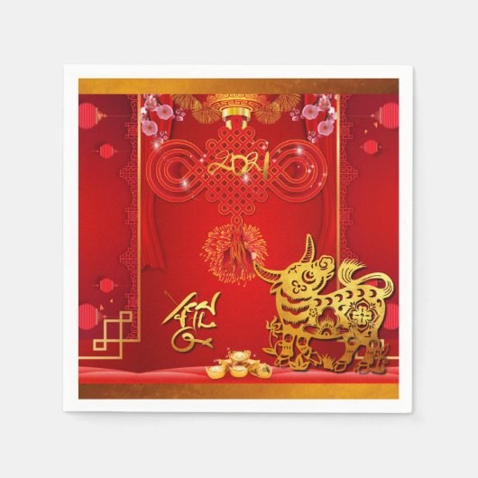 Serviette En Papier Chine rouge noeud Ox Année 2021 PN (Devant)