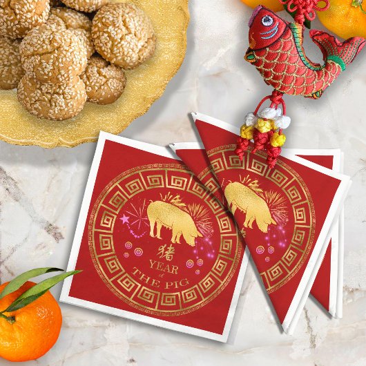 Serviette En Papier Chinois Zodiac Pig Rouge/Or ID542