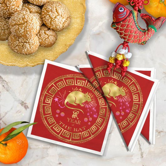 Serviette En Papier Chinois Zodiac Rat Rouge/Or ID542
