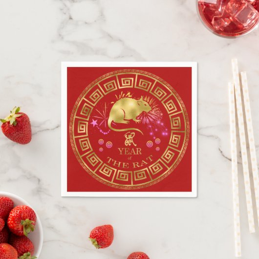 Serviette En Papier Chinois Zodiac Rat Rouge/Or ID542 (En situation)