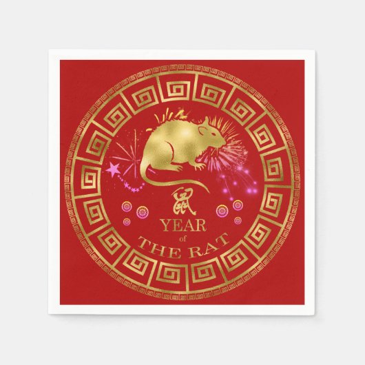 Serviette En Papier Chinois Zodiac Rat Rouge/Or ID542 (Devant)