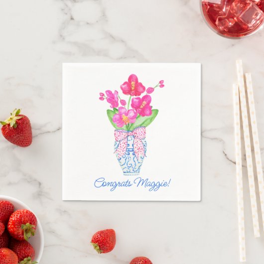 Serviette En Papier Chinoiserie Aquarelle Orchidée rose Ginger Jar Vas (En situation)