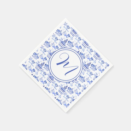 Serviette En Papier Chinoiserie Aquarelle Pagode Motif Monogramme (Coin)