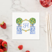 Serviette En Papier Chinoiserie Aquarelle Topiaire Monogramme (En situation)