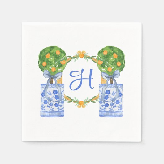Serviette En Papier Chinoiserie Aquarelle Topiaire Monogramme (Devant)