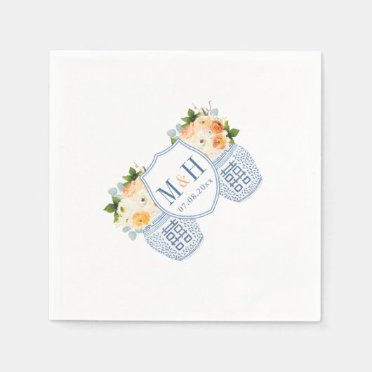 Serviette En Papier Chinoiserie Automne Fleurs Monogramme Mariage (Devant)