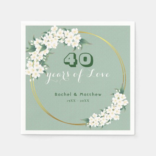 Serviette En Papier Chinoiserie blanche florale verte 40e anniversaire (Devant)