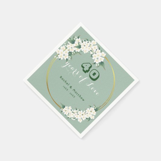 Serviette En Papier Chinoiserie blanche florale verte 40e anniversaire (Coin)