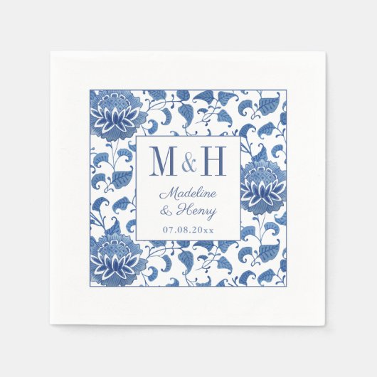 Serviette En Papier Chinoiserie bleu et blanc Monogramme Mariage (Devant)